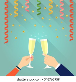 Holiday vector concept illustration in flat style. Human hands with glasses with champagne.Streamer and gold Confetti. vector illustration