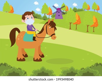 Holiday vector concept. Little boy wearing face mask while riding a horse in the farm