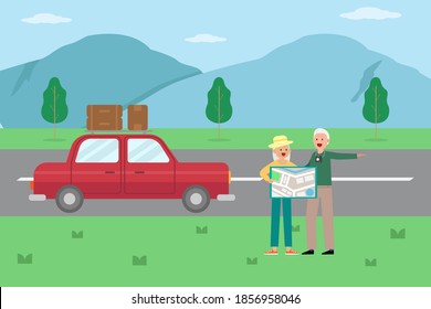Holiday vector concept: Old couple looking at map while standing on the road together