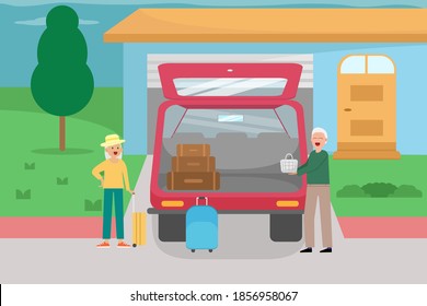 Concepto vectorial de vacaciones: Viejo y anciana preparando maleta para vacaciones mientras se paran detrás del auto