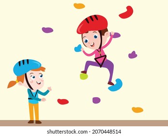 Holiday vector concept. Two happy kids climbing a wall with colorful grips while enjoying leisure time in the playground