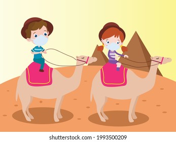 Holiday vector concept. Two kids wearing face mask while riding camel on the desert