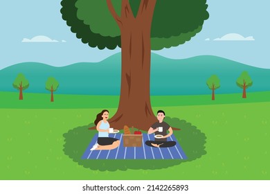 Holiday vector concept. Young couple eating together while having picnic at the park