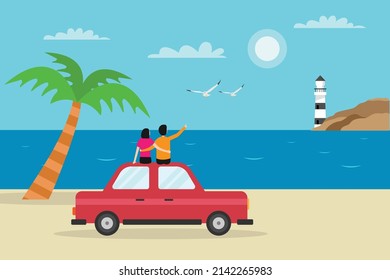 Concepto vectorial de vacaciones. Joven pareja que disfruta del paisaje de la playa mientras se sienta juntos por encima del auto