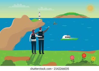 Holiday vector concept. Young couple enjoying beautiful beach scenery while standing on the hills