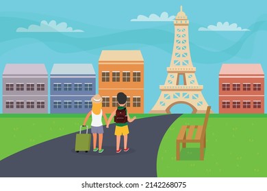 Holiday vector concept. Young couple carrying a luggage while walking toward Eiffel tower