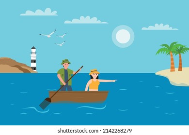 Holiday Vector Concept. Young Couple Rowing Boat Together In The Seashore While Enjoying Summer Vacation