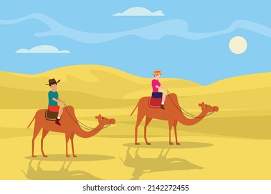 Holiday vector concept. Young couple riding camel on the desert while enjoying holiday together