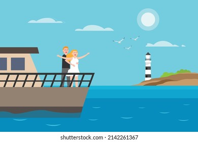 Holiday vector concept. Young man embracing his wife while standing on the yacht