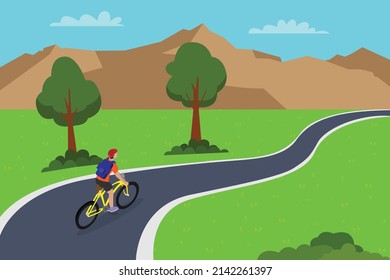 Holiday vector concept. Young man cycling on the road while enjoying nature scenery