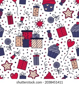 Holiday vector doodle seamless pattern. Gifts, Sweets, Heart shape Balloon. Christmas, Birthday, Valentines Day presents, Party decoration. Festive background for textile print, wrapping, gift paper