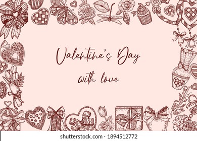 Holiday vector hand draw frame for Valentine's day. Cute romantic doodle illustration. Vintage design. For for packaging, wedding, birthday, Valentine's Day, Mother's Day