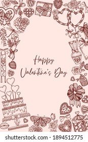 Holiday vector hand draw frame for Valentine's day. Cute romantic doodle illustration. Vintage design. For for packaging, wedding, birthday, Valentine's Day, Mother's Day