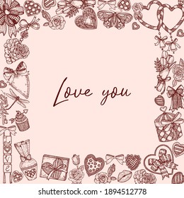 Holiday vector hand draw frame for Valentine's day. Cute romantic doodle illustration. Vintage design. For for packaging, wedding, birthday, Valentine's Day, Mother's Day