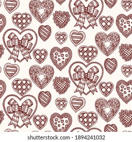 La mano vectorial de vacaciones dibuja un patrón sin fisuras para el día de San Valentín. Cuta y romántica ilustración del doodle. Diseño de época. Para empaque, boda, cumpleaños, Día de San Valentín, Día de la Madre.