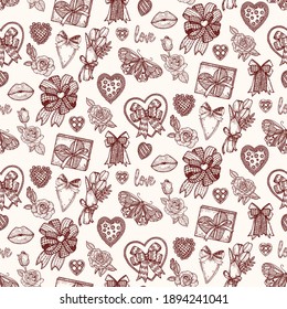 Holiday vector hand draw seamless pattern for Valentine's day. Cute romantic doodle illustration. Vintage design. For for packaging, wedding, birthday, Valentine's Day, Mother's Day.