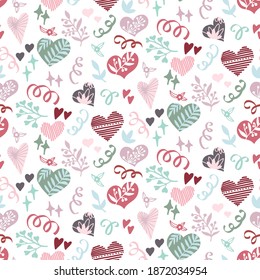 Holiday vector hand draw seamlessly pattern for Valentine's day. Cute romantic doodle illustration. Pastel color, girly design. For for packaging, wedding, birthday, Valentine's Day, Mother's Day