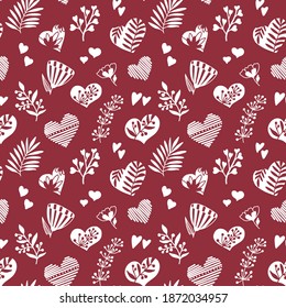 Holiday vector hand draw seamlessly pattern for Valentine's day. Cute romantic doodle illustration. Red color, girly design. For for packaging, wedding, birthday, Valentine's Day, Mother's Day