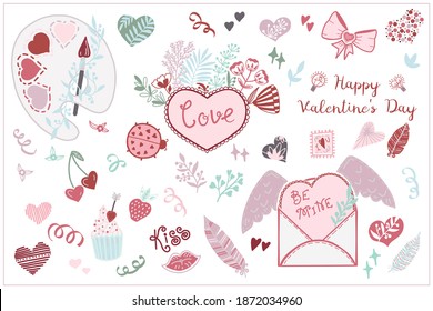 Holiday vector hand draw set for Valentine's day. Cute romantic doodle illustration. Pastel color, girly design. For for packaging, wedding, birthday, Valentine's Day, Mother's Day