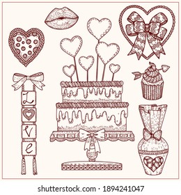 Holiday vector hand draw set for Valentine's day. Cute romantic doodle illustration. Vintage design. For for packaging, wedding, birthday, Valentine's Day, Mother's Day