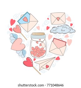 Holiday vector hand draw set for Valentine's day. Envelopes, heart, sweets, clouds, paper plane, lollipop, glass jar. 