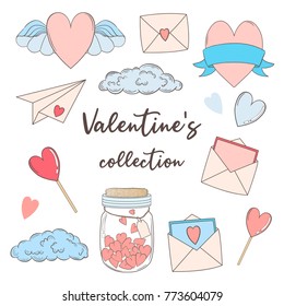 Holiday vector hand draw set for Valentine's day. Envelopes, heart, sweets, clouds, paper plane, lollipop, glass jar. 