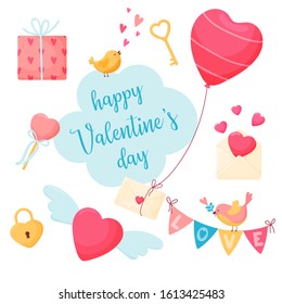 Holiday vector hand draw for valentines day. Envelopes, heart, birds, cloud, balloon, lollipop, lettering, key, lock, gift on a white background.