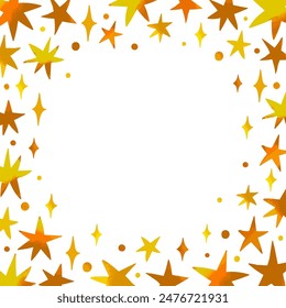 Plantilla dibujada a mano de Vector Festiva con estrellas. Fondo blanco con estrellas amarillas, marrones, naranjas, cristales y lugar para el texto. Marco Abstractas para tarjeta de felicitación, invitación, regalo, póster, Anuncio