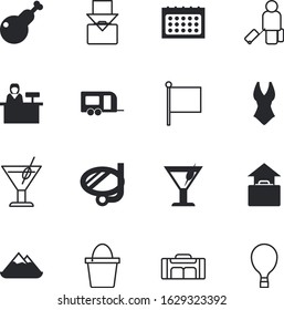 holiday vector icon set such as: vehicle, person, pole, label, car, mountain, balloon, decoration, truck, cute, glasses, abstract, diver, grilled, tourists, fly, chicken, goggles, package, romantic