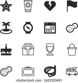 holiday vector icon set such as: vacations, drawing, conch, game, wine, invertebrate, dessert, cake, suitcase, wallpaper, app, set, service, luggage, palm, tan, exploration, valentine, box