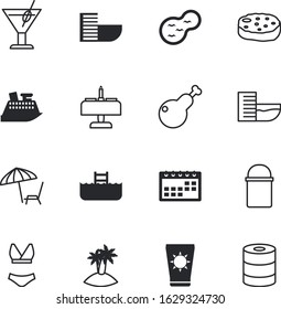 holiday vector icon set such as: cook, bath, deadline, wood, traditional, party, paradise, health, inflatable, delicious, bbq, outdoors, juice, hiking, camp, ship, turkey, event, table, pond, can
