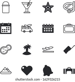 holiday vector icon set such as: campfire, palm, gardening, pool, airport, shell, glass, shadows, cocktail, paradise, pot, heat, diving, sports, decor, hand, snorkeling, lagoon, religion, fire