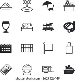 holiday vector icon set such as: luxury, camp, furniture, air, underwater, coast, tourist, fire, vehicle, month, button, truck, parasol, room, voyage, cheese, appointment, customer, schedule, plan
