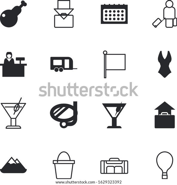 holiday vector icon set such as: vehicle,
person, pole, label, car, mountain, balloon, decoration, truck,
cute, glasses, abstract, diver, grilled, tourists, fly, chicken,
goggles, package,
romantic