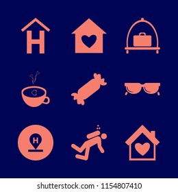 holiday vector icons set. with baggage cart, coffee cup heart, hotel sign and house heart in set