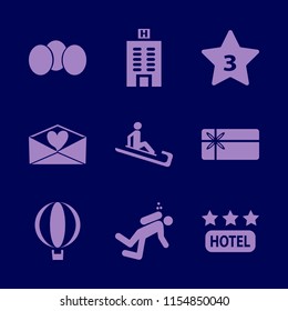 holiday vector icons set. with diver, hotel building, balloon and heart envelope in set