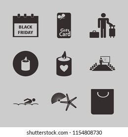 holiday vector icons set. with gift card, present new idea, shopping bag and swimming in set