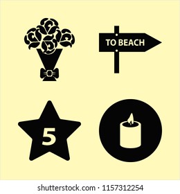 holiday vector icons set. with rose bouquet, hotel five stars, candle and beach direction in set