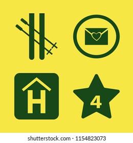 holiday vector icons set. with skiing, heart envelope, hotel sign and hotel four stars in set