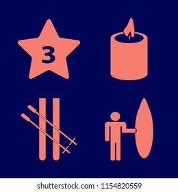 holiday vector icons set. with surfer with board, hotel three stars, skiing and candle in set