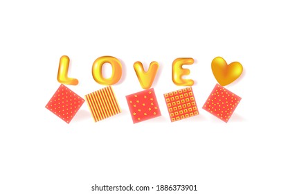 Ilustración vectorial de vacaciones con objetos decorativos 3d. texto rojo Amor, corazón dorado y cajas de regalo. Diseño para el día de San Valentín, boda, día de la madre