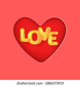 Holiday vector illustration with 3d golden text Love and paper heart. Design for Valentine's day, Wedding, Mother's Day