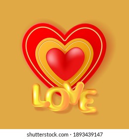 Holiday vector illustration with 3d golden text Love and paper heart. Design for Valentine's day, Wedding, Mother's Day