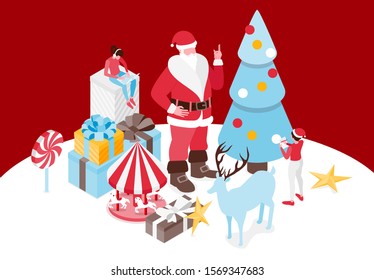 holiday vector illustration. abstract isometric boxes with gifts. isometric city of christmas objects. Merry Christmas and Happy New Year 2020. Vector design elements of Christmas graphics.
