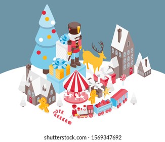 holiday vector illustration. abstract isometric boxes with gifts. isometric city of christmas objects. Merry Christmas and Happy New Year 2020. Vector design elements of Christmas graphics.