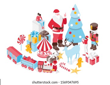 holiday vector illustration. abstract isometric boxes with gifts. isometric city of christmas objects. Merry Christmas and Happy New Year 2020. Vector design elements of Christmas graphics.