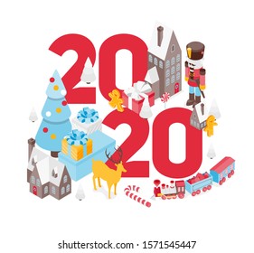 holiday vector illustration. abstract isometric boxes with gifts. isometric city of christmas objects. Merry Christmas and Happy New Year 2020. Vector design elements of Christmas graphics.