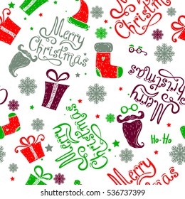 Holiday Vector Illustration. Abstract seamless pattern.Lettering Composition with snowflake, gift box, beard. Wallpaper with calligraphic words hand drawing text Merry Christmas on white background