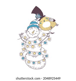 Holiday vector illustration with cartoon Snowman and adorable bird on white.  Perfect for invitations, postcards, cover design templates.