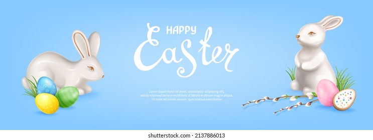 Holiday vector illustration with cute ceramic Easter Bunnies, colored eggs, cookies and willow twigs. Inscription Happy Easter on a blue background